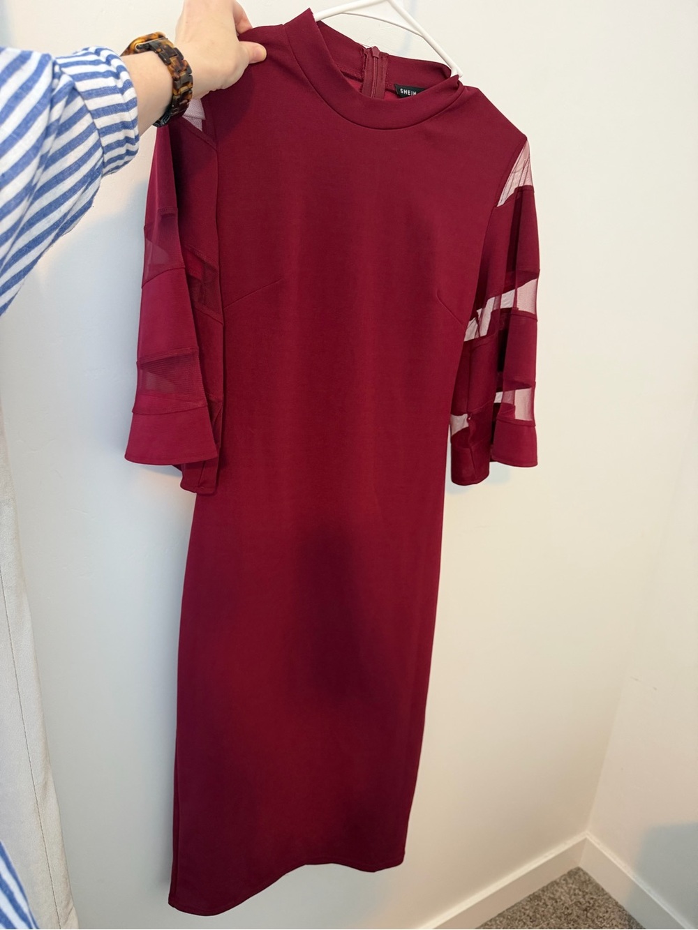 SHEIN Wine Red Midi Dress with Sheer Ruffle Sleeves